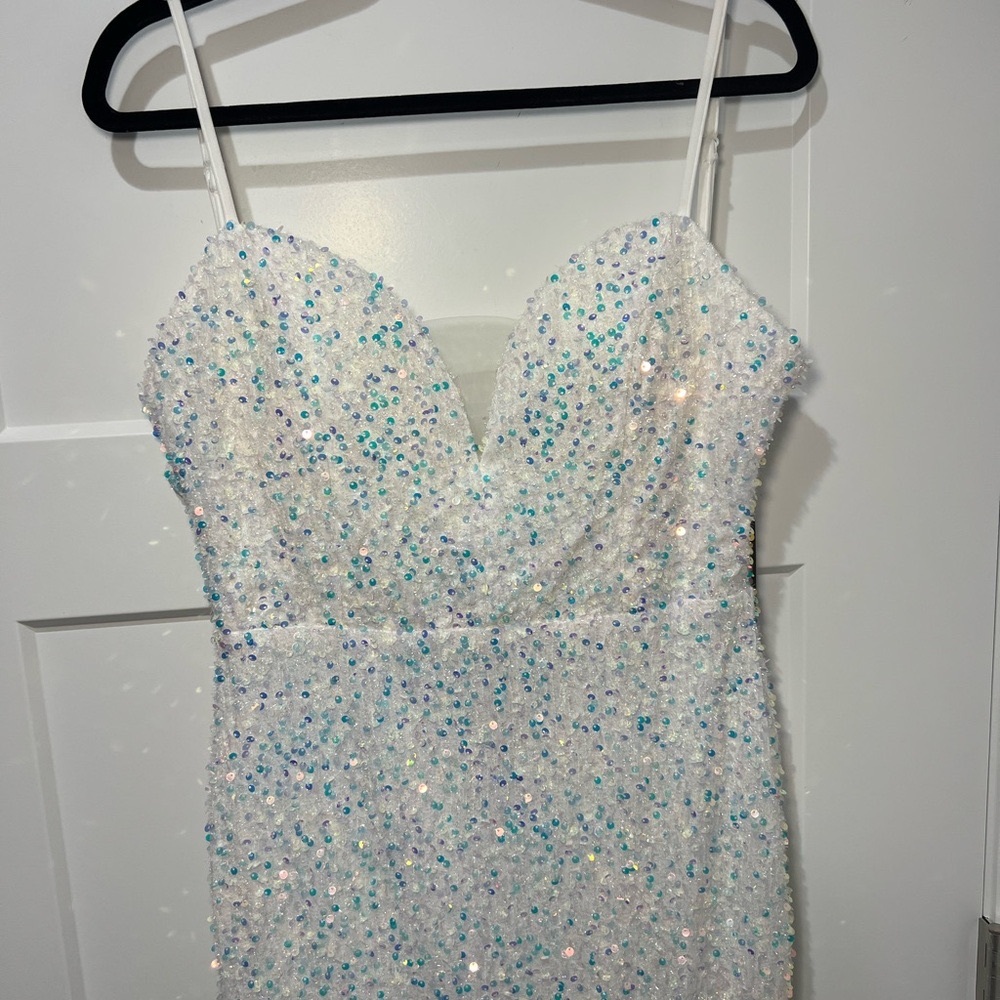 Elegant Formal White Sequin Full Length Prom Homecoming Dress Adjustable Straps